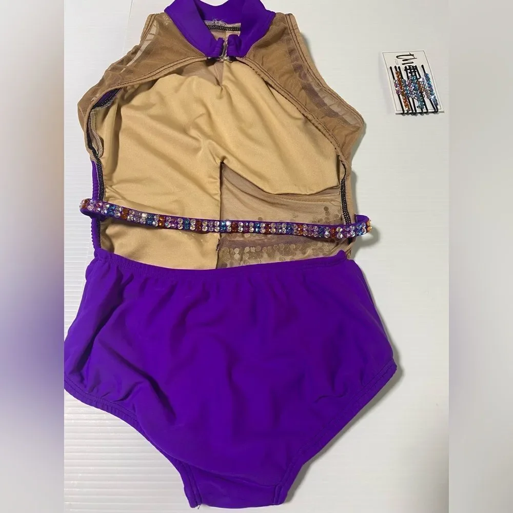 AA dance design solo costume JOURNEY leotard purple mesh cutout LC-large child